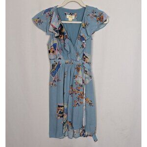 Maeve Anthropologie 2P Rosalia Faux Wrap Belted Postcard Bird Floral Ruffled